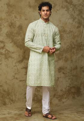 Green white green chikankari embroidered kurta set for men 1