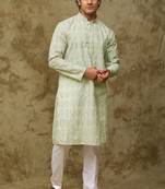 Green white green chikankari embroidered kurta set for men