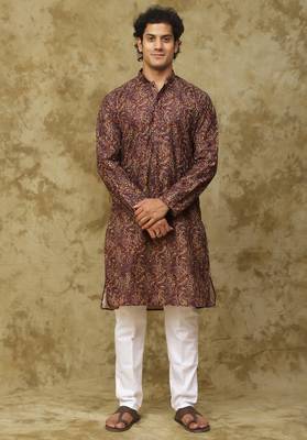 Brown brown chikankari embroidered kurta set for men 1