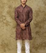 Brown brown chikankari embroidered kurta set for men