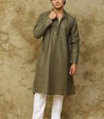Dark mehendi green linen threadwork kurta set for men