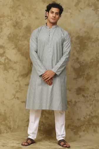 Creamy grey grey linen threadwork kurta set for men
