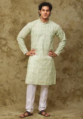 Green white green chikankari embroidered kurta set for men 3