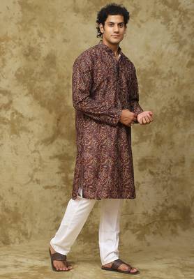 Brown brown chikankari embroidered kurta set for men 2