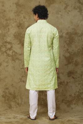 Green white green chikankari embroidered kurta set for men 4