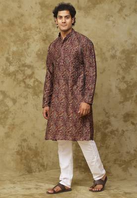 Brown brown chikankari embroidered kurta set for men 3