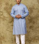Blue blue linen threadwork kurta set for men
