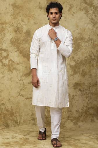 White white cotton zari embroidered kurta set for men
