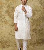 White white cotton zari embroidered kurta set for men