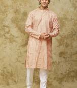 Peach cream pink cotton zari embroidered kurta set for men
