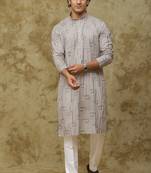 Grey cotton zari embroidered kurta set for men