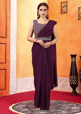 ready to wear dark wine georgette saree with unstitched embroidered blouse  and waist belt 1