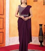 ready to wear dark wine georgette saree with unstitched embroidered blouse  and waist belt