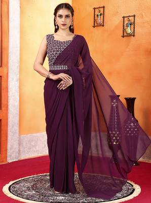 ready to wear dark wine georgette saree with unstitched embroidered blouse  and waist belt 2