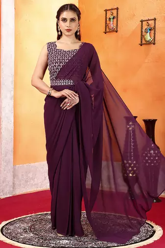 pre draped dark wine georgette saree with embroidered blouse and waist belt