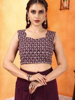 ready to wear dark wine georgette saree with unstitched embroidered blouse  and waist belt 4
