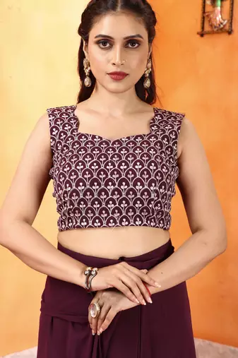 pre draped dark wine georgette saree with embroidered blouse and waist belt