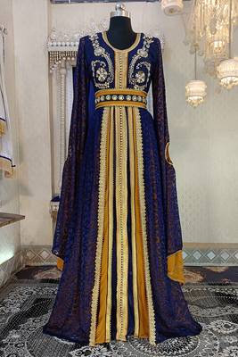 Dark blue and mustard wedding designer caftan 1