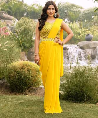 ready to wear yellow georgette saree with unstitched embroidered blouse  and waist belt 1