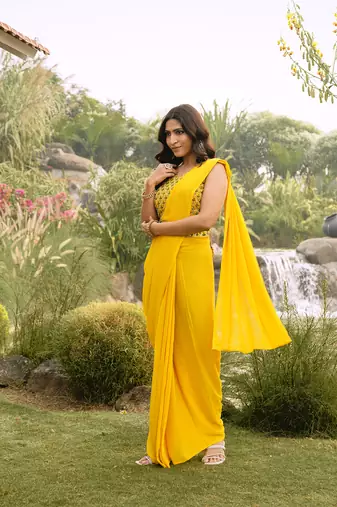 pre-stitched yellow georgette saree with embroidered blouse and waist belt