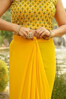 ready to wear yellow georgette saree with unstitched embroidered blouse  and waist belt 3