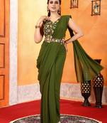 ready to wear green georgette saree with unstitched embroidered blouse  and waist belt