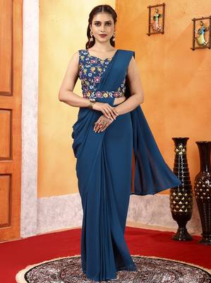 ready to wear blue georgette saree with unstitched embroidered blouse  and waist belt 1