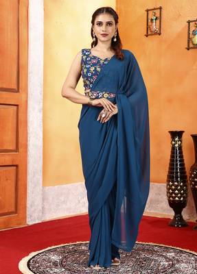 ready to wear blue georgette saree with unstitched embroidered blouse  and waist belt 2