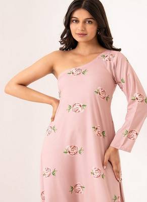 Pink polyester floral printed one shoulder jumpsuit 2