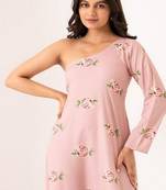 Pink polyester floral printed one shoulder jumpsuit
