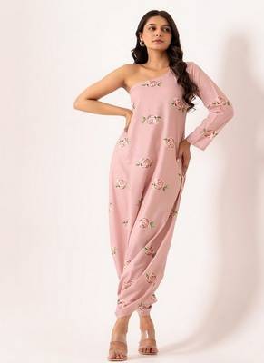 Pink polyester floral printed one shoulder jumpsuit 1