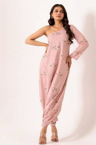 Pink polyester floral printed one shoulder jumpsuit