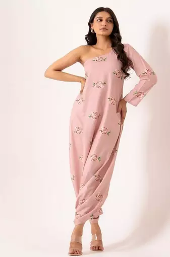 Pink polyester floral printed one shoulder jumpsuit