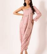 Pink polyester floral printed one shoulder jumpsuit