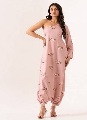 Pink polyester floral printed one shoulder jumpsuit 3