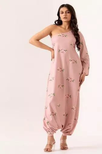Pink polyester floral printed one shoulder jumpsuit