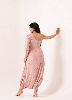 Pink polyester floral printed one shoulder jumpsuit 4