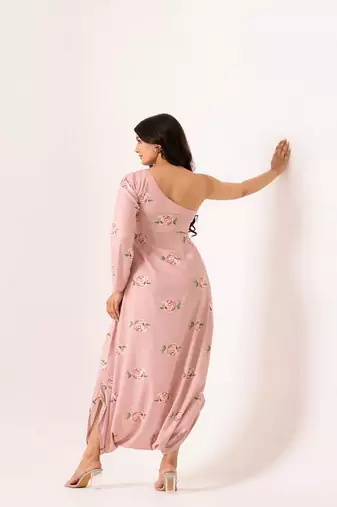Pink polyester floral printed one shoulder jumpsuit