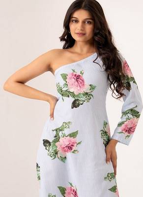 White cotton rayon floral printed one shoulder jumpsuit 2
