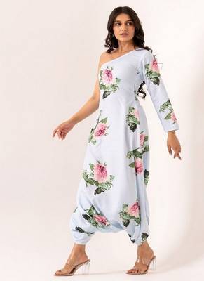 White cotton rayon floral printed one shoulder jumpsuit 3