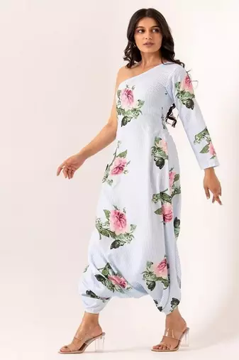 White cotton rayon floral printed one shoulder jumpsuit