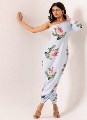 White cotton rayon floral printed one shoulder jumpsuit 1