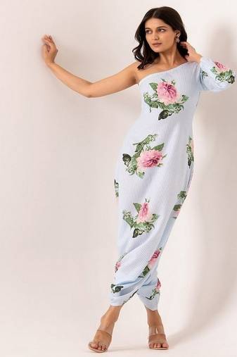 White cotton rayon floral printed one shoulder jumpsuit