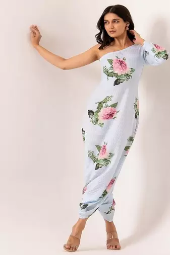 White cotton rayon floral printed one shoulder jumpsuit