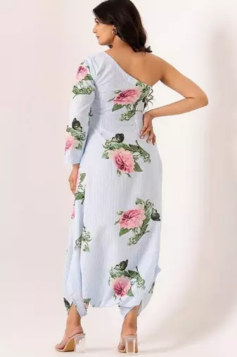 White cotton rayon floral printed one shoulder jumpsuit