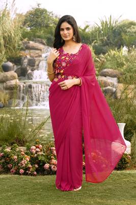 ready to wear pink georgette saree with unstitched embroidered blouse  and waist belt 1