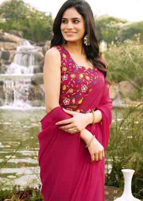 ready to wear pink georgette saree with unstitched embroidered blouse  and waist belt 3