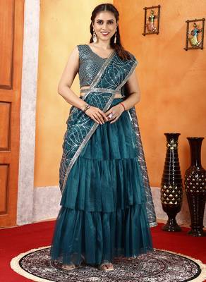 pre draped blue ruffle twill net saree with stitched sequin blouse and waist belt 1