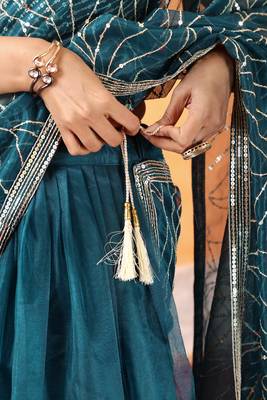pre draped blue ruffle twill net saree with stitched sequin blouse and waist belt 2