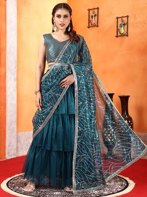 pre draped blue ruffle twill net saree with stitched sequin blouse and waist belt 3